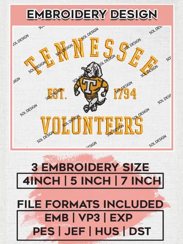 Tennessee Volunteers Est 1794 Embroidery Designs, NCAA Tennessee Volunteers Team Embroidery, NCAA Team Logo, 3 sizes, Machine embroidery Files, Digital Download $6.99
