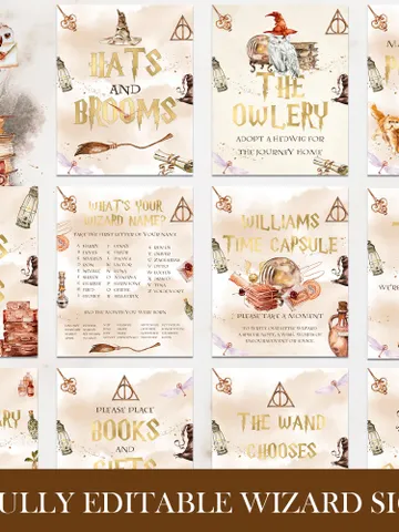 11 WIZARD SIGNS Wizard Baby Shower; Magic School Baby Shower template; The Owlery; The wand chooses the Wizard; Hats and Brooms; wP66 $16.26