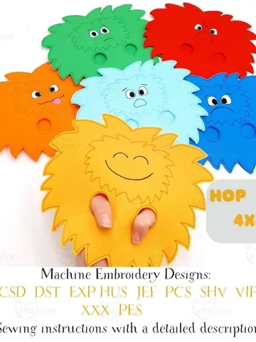 Emotions Hand Finger Puppets ITH Embroidery Design Set, Feelings Toy Pattern (4x4 & 8x8 Hoop), Hugging Puppets Download $7.00