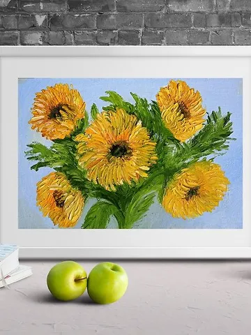 Oil Painting Bright Flowers Chamomile Sunflowers Impasto Art Miniature 20x30 cm $57.41