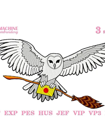 Barn owl machine embroidery pattern 3 size Snow owl applique embroidery design, Wizarding world Magical owl with letter, Owl embroidery #R29 $4.20