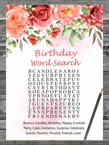 Red Rose Birthday Word Search Game,Adult Birthday party game-fun games for her-Instant download $1.75