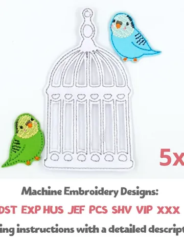 Parrot Birdcage ITH Embroidery Design Set, Felt Bird Toy & Cage Pattern, Dollhouse Pet Miniature 5x7 Hoop Download