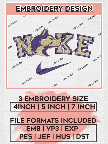 Nike Washington Huskie Machine Embroidery Design, NCAA Washington Huskie Embroidery Design Design files, NCAA Embroidery Designs, NCAA Machine Embroidery Designs, Digital Download $6.99