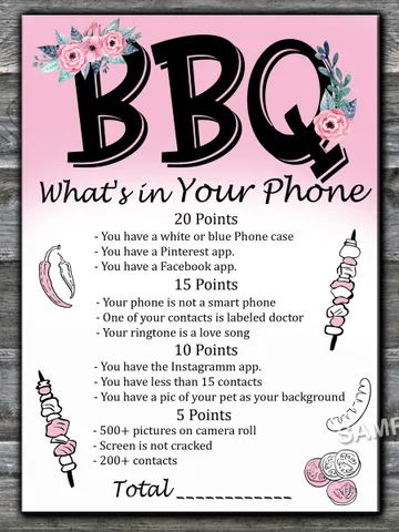 BBQ Birthday Game What's in Your Phone Birthday Party Game,Adult Birthday party game-fun games for her-Instant download $1.75