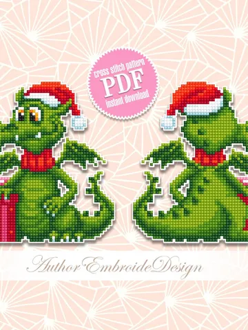 Christmas dragon cross stitch pattern PDF download Double-sided Christmas tree decor for plastic canvas, Small Green dragon pattern #N101 $3.60
