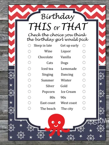 Octopus Birthday This or that game,Adult Birthday party game-fun games for her-Instant download $1.75