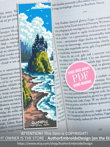 Olympic National park bookmark cross stitch pattern PDF download Nature cross stitch chart, Digital bookmark pattern PDF, Ocean waves #B182 $4.40