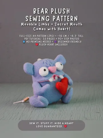 Fleece Plush Toy Pattern – Softie Bear with Heart PDF Tutorial $10.00