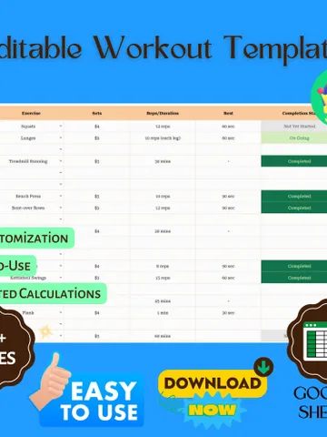 Editable Workout Template, Customizable Google Sheets, Digital Fitness Planner for Exercise and Training Routines $8.26