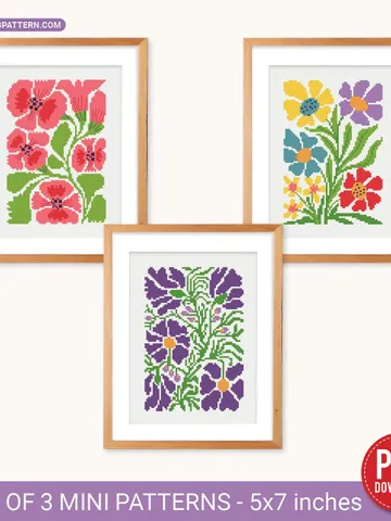 Bundle of 3 mini contemporary Flowers Cross stitch patterns Abstract floral Plant beginner counted modern chart DIY embroidery instant PDF $7.11