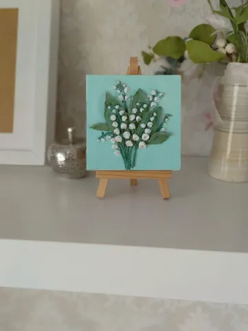 Small canvas painting of Lilies of the valley on easel for Mother's Day Floral painting on easel Gift for woman Spring flowers $57.00