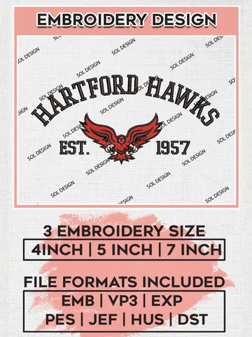 Hartford Hawks Est 1957 Embroidery Designs, NCAA Hartford Hawks Team Embroidery, NCAA Team Logo, 3 sizes, Machine embroidery Files, Digital Download $6.99