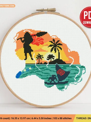 Moana silhouette Cross stitch pattern, ocean journey, abstract, Maui, beginner counted, modern chart, DIY, embroidery, instant Digital PDF $6.80