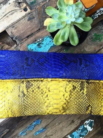 Genuine python skin blue and yellow colorblock handmade clutch, classy elegant leather envelope bag, purse free shipping, flat snake clutch $120.00