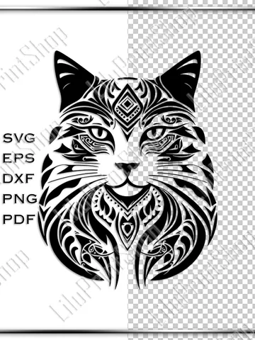 Laser cut Tribal cat head svg Tattoo cat cut file for Cricut Silhouette, cnc, png, eps, dxf, pdf. Instant download $2.71