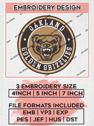 NCAA Oakland Golden Grizzlies Round Logo Embroidery, NCAA Oakland Golden Grizzlies Embroidery Design files, NCAA Teams, NCAA Machine embroidery designs, Digital Download $6.99