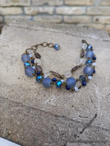 Triple Bracelet with Smoky Quartz, Lapis & Glass Beads $46.00