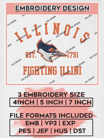 Illinois Fighting Illini Est 1791 Embroidery Designs, NCAA Illinois Fighting Illini Team Embroidery, NCAA Team Logo, 3 sizes, Machine embroidery Files, Digital Download $6.99