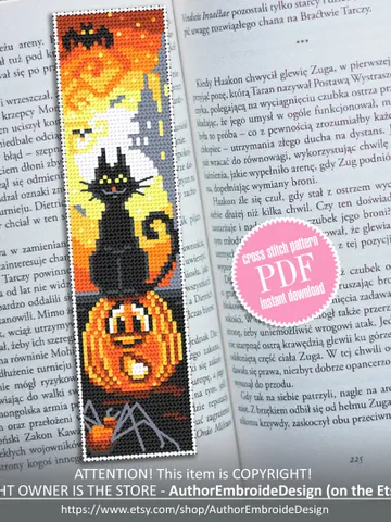Halloween bookmark cross stitch pattern download PDF Modern handmade bookmark digital, Halloween cross stitch Cute Black cat embroidery #B71 $4.40