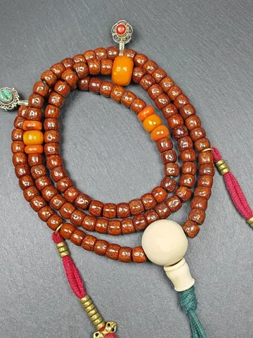 Authentic Tibetan 9+mm 108 Rudraksha Rosary, Old Necklace Mala,Tibetan Prayer Beads with Unique Mix of Treasures,Spiritual Gift $599.99