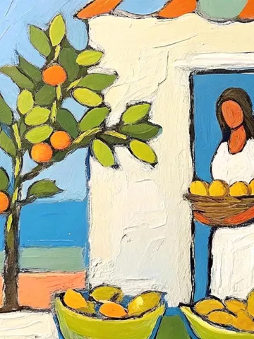 Woman Painting Yellow Lemon Tree Artwork Woman with Basket of Lemons Oil Painting Summer Kitchen Decor Gifts for Her by ArtProkopaloSv $180.00