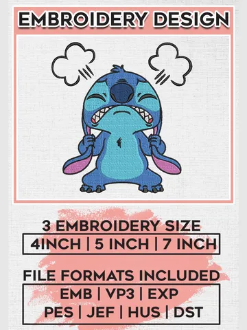 Angry Stitch Embroidery Designs, Lilo and Stitch Machine Embroidery Files, Cartoon Character Machine embroidery designs, Disney, 3 sizes, Digital Download EMB_CARTOON_123 $6.99
