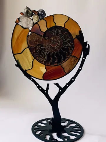 Tiffany Stained Glass: Ammonite with Gemstones on a Branch Stand, Artistic Ammonite with Gemstones in Tiffany Style, Ammonite Fossil with Crystals on a Sculptural Stand, Unique Ammonite Stained Glass Art with Gemstones, Decorative Ammonite with Gemstones $173.00