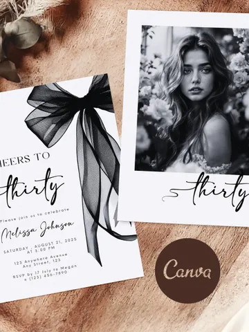 Coquette Black Bow 30th Invitation, Editable Thirtieth Birthday Party Invite, DIY Digital Black Ribbon, Cheers to Thirty Invite $8.00