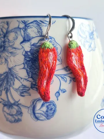 Chili Pepper Earrings Embroidery, Unique Handmade Chili Jewelry, Statement Earrings, Quirky Jewelry Accessory, Original Gift for Her $55.00