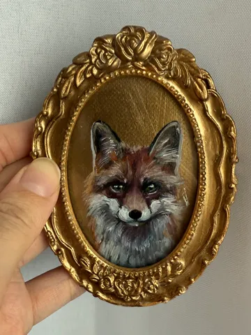 Framed Fox Oil Painting Original Wild Animals Art Cute Fox Painting Gold Frame Victorian