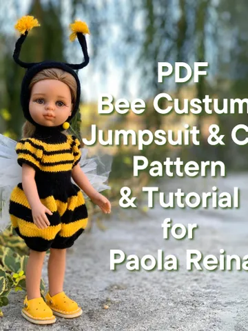 PDF Knitting Pattern Tutorial Bee Costume Jumpsuit with Cap for Paola Reina doll (13"/32 cm) eng $3.81