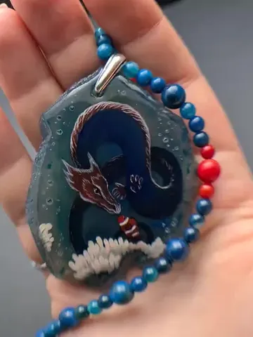 Dragon necklace Painting Agate Stone Dragon charm Christmas Gift Wrapping $110.00