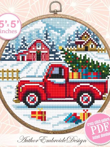 Red truck christmas cross stitch pattern PDF download Winter landscape cross stitch, Christmas pattern digital PDF Christmas farm barn #N177 $3.95