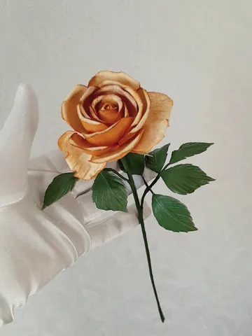 Yellow leather rose long stem 3rd anniversary gift for her, Leather flower living room decor $90.00