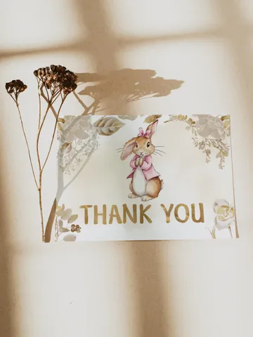 Editable and Printable thank you card template for 1st Baby Birthday party in Peter Rabbit style instant download and unlimited access pr777 $10.45