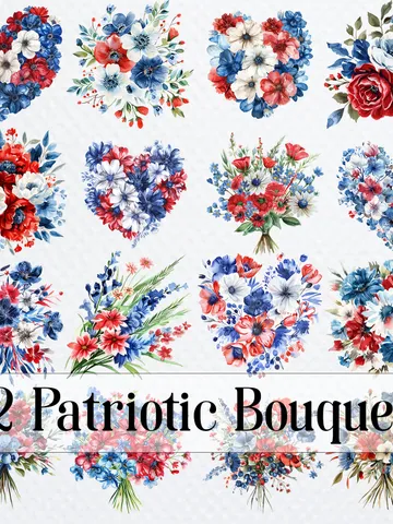 22 Patriotic bouquets PNG Bundle, Printable Watercolor American USA Bouquet for sublimation, 4th of july clipart, Paper craft, junk journal $2.64