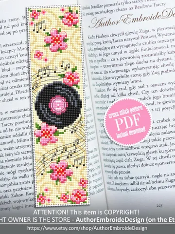 Music bookmark cross stitch pattern PDF download Retro vinyl record cross stitch chart, Flower bookmark pattern digital, Music notes #B409 $4.40