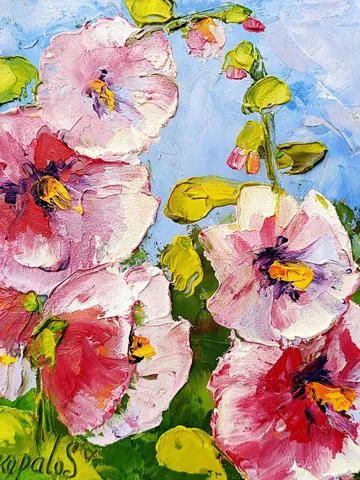 Mallow Painting Flowers Oil Painting Floral Original Fine Art Impasto Painting Hollyhocks Artwork 6x6 by ArtProkopaloSv $46.00