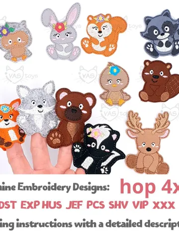 ITH Woodland Animals Finger Puppet Theater Set Embroidery Design, Forest Felt Puppets & Play Mat Scene, 4x4 Hoop Pattern Download $15.00