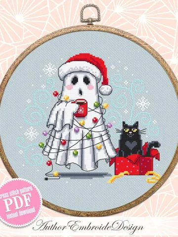 Christmas ghost with black cat cross stitch pattern PDF instant download Cute ghost cross stitch chart, Christmas pattern digital PDF #N151 $4.50