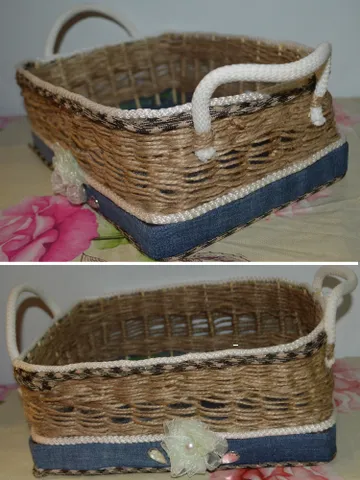 Basket Handmade Bread & Fruit Tray – Jute Rope Weaving, Denim Accents, Eco-Friendly Farmhouse Basket