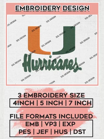 NCAA Hurricanes Team Logo Machine Embroidery Design, NCAA Miami Hurricanes Team Design Design files, NCAA Team Embroidery Designs, NCAA Machine Embroidery Designs, Digital Download