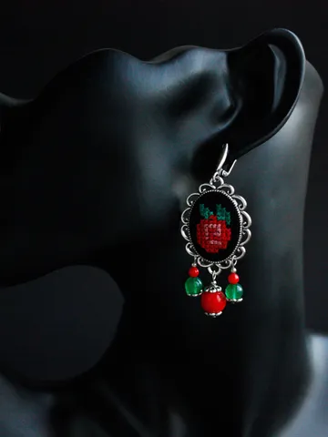 Handmade red green coral earrings chandelier Traditional folk Ukrainian red coral jewelry for vyshyvanka and namysto $48.00