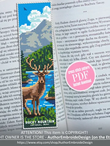 Rocky mountain national park bookmark cross stitch pattern PDF instant download Nature cross stitch chart, Deer embroidery PDF #B189 $4.40