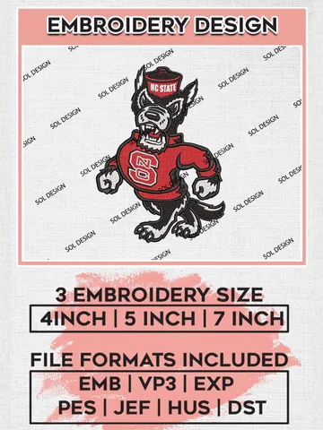 NC State Wolfpack Team Funny Mascot Logo Machine Embroidery Design, NCAA NC State Wolfpack Team Design Design files, NCAA Team Embroidery Designs, NCAA Machine Embroidery Designs, Digital Download