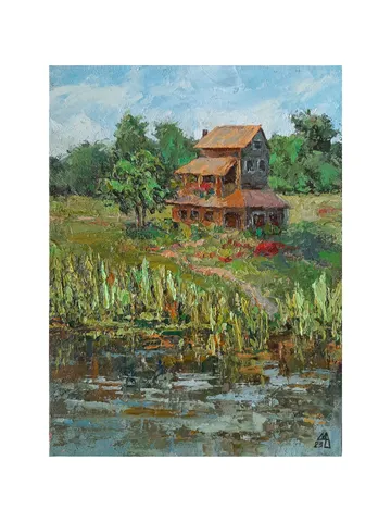 Cottage painting 9,4x7,1" Pond Landscape ORIGINAL ART Impressionist Fine Art Signed by artist Marina Chuchko $175.00