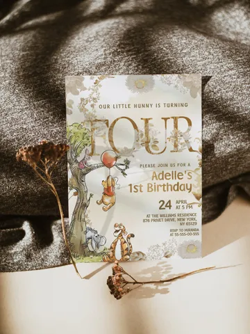4th Birthday Winnie the Pooh Inspired ; Classic Winnie Pooh Invitations; Neutral Winnie Pooh Turning four; Winnie Pooh Birthday Party poom88 $12.78