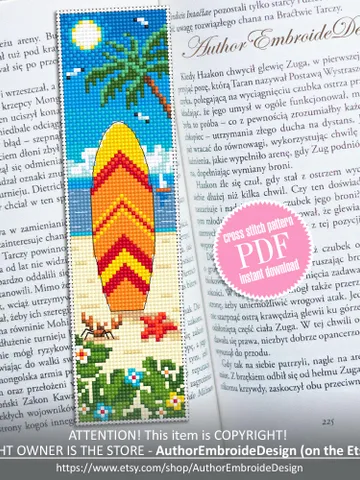 Surfboard bookmark cross stitch pattern PDF download Summer cross stitch chart, Beach bookmark pattern digital PDF, Beach life Hawaii #B431 $4.40