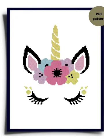Cute unicorn cross stitch pattern, Flower cross stitch pattern, Easy embroidery, Instant download, Digital PDF $4.00